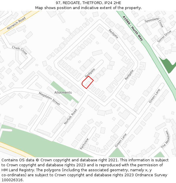 97, REDGATE, THETFORD, IP24 2HE: Location map and indicative extent of plot