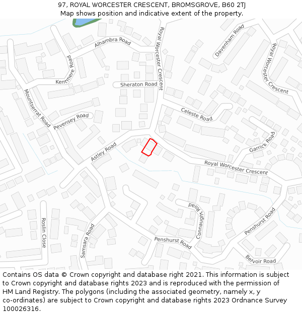 97, ROYAL WORCESTER CRESCENT, BROMSGROVE, B60 2TJ: Location map and indicative extent of plot