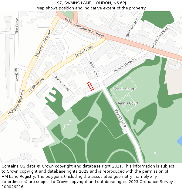 97, SWAINS LANE, LONDON, N6 6PJ: Location map and indicative extent of plot