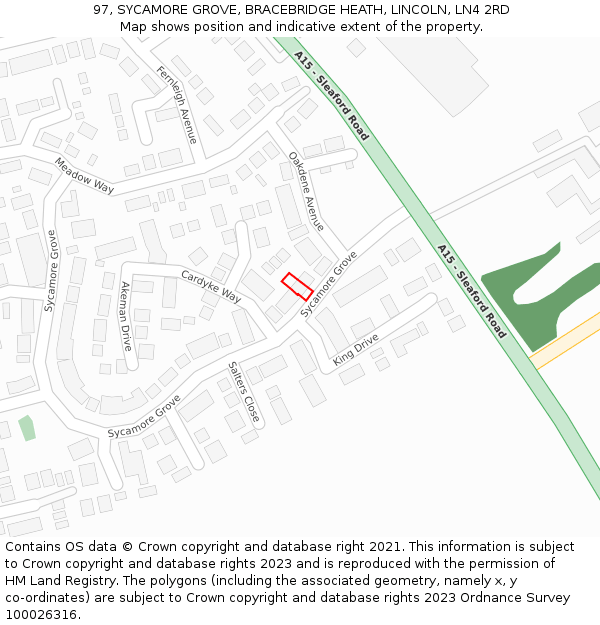 97, SYCAMORE GROVE, BRACEBRIDGE HEATH, LINCOLN, LN4 2RD: Location map and indicative extent of plot