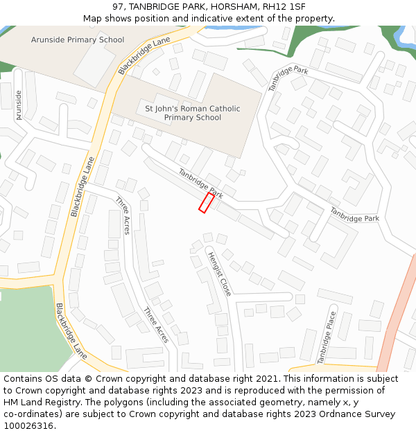 97, TANBRIDGE PARK, HORSHAM, RH12 1SF: Location map and indicative extent of plot