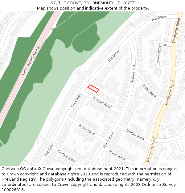97, THE GROVE, BOURNEMOUTH, BH9 2TZ: Location map and indicative extent of plot