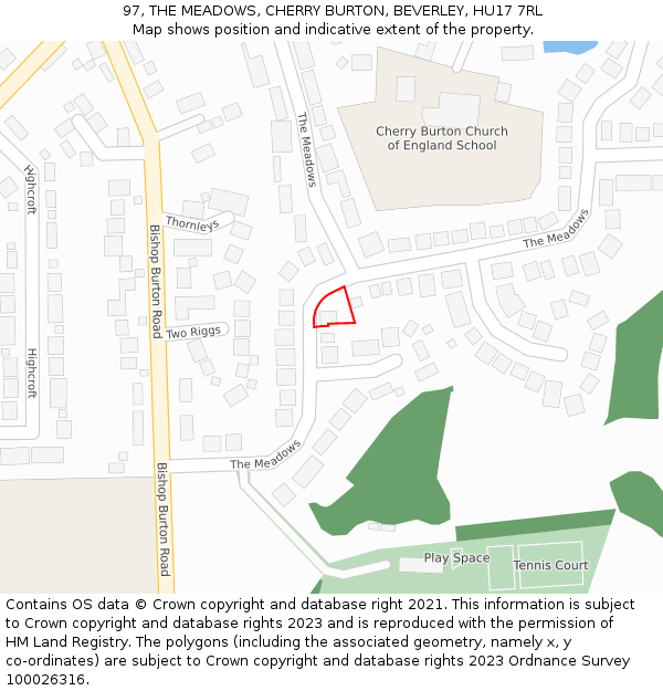 97, THE MEADOWS, CHERRY BURTON, BEVERLEY, HU17 7RL: Location map and indicative extent of plot