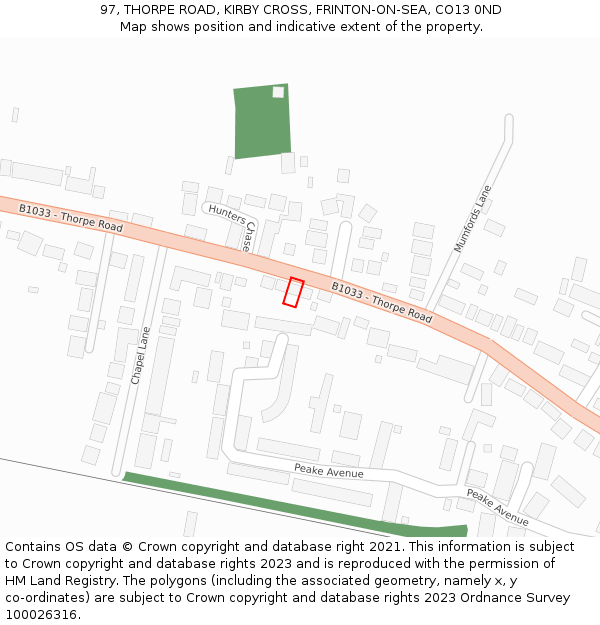 97, THORPE ROAD, KIRBY CROSS, FRINTON-ON-SEA, CO13 0ND: Location map and indicative extent of plot