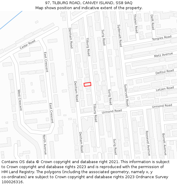 97, TILBURG ROAD, CANVEY ISLAND, SS8 9AQ: Location map and indicative extent of plot