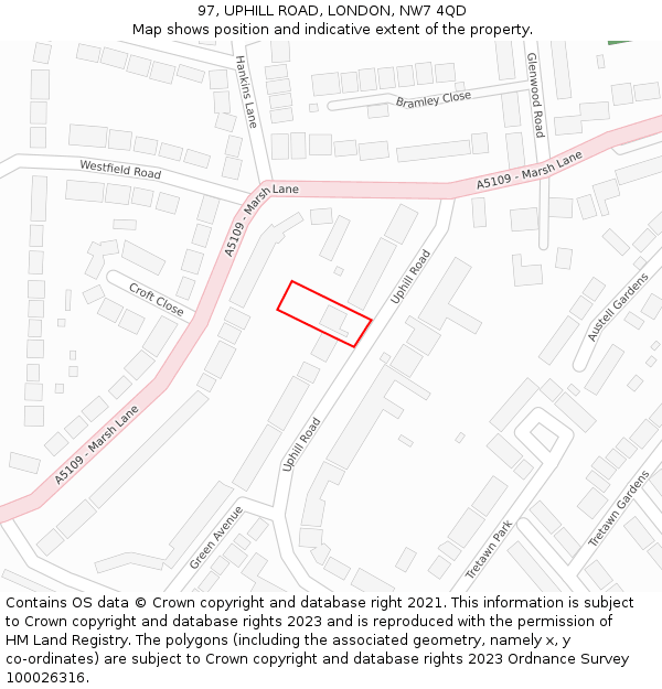 97, UPHILL ROAD, LONDON, NW7 4QD: Location map and indicative extent of plot