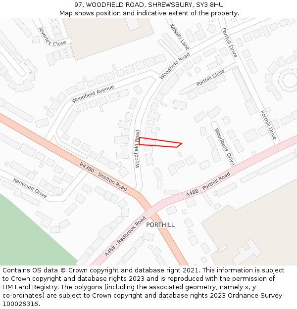 97, WOODFIELD ROAD, SHREWSBURY, SY3 8HU: Location map and indicative extent of plot