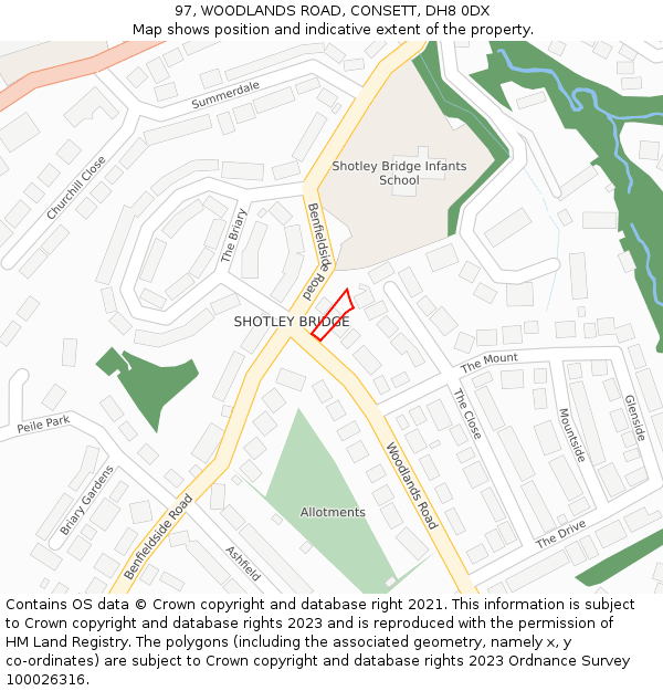 97, WOODLANDS ROAD, CONSETT, DH8 0DX: Location map and indicative extent of plot