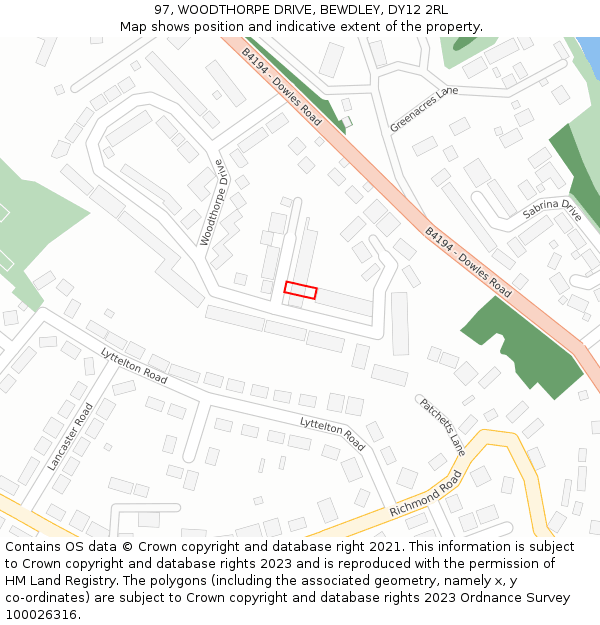 97, WOODTHORPE DRIVE, BEWDLEY, DY12 2RL: Location map and indicative extent of plot