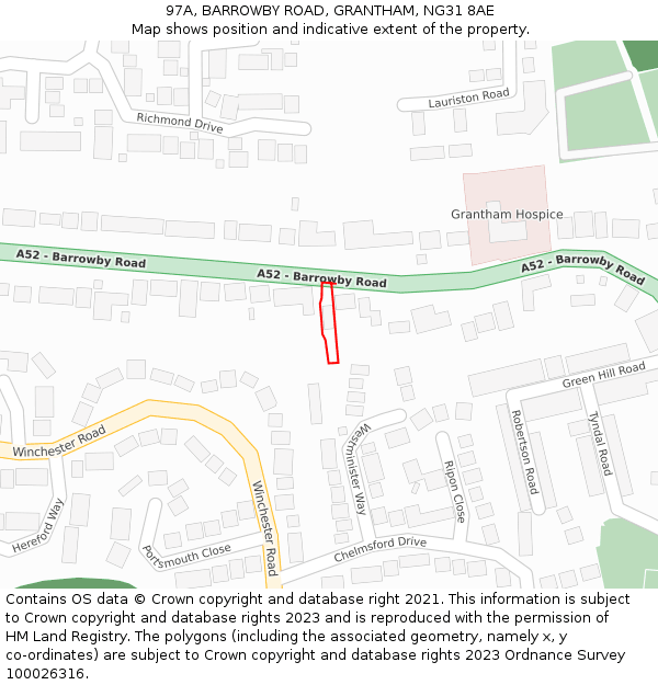 97A, BARROWBY ROAD, GRANTHAM, NG31 8AE: Location map and indicative extent of plot