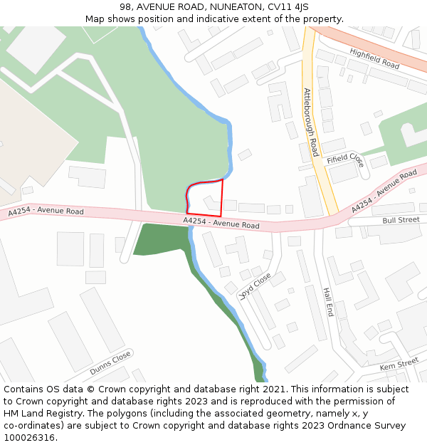 98, AVENUE ROAD, NUNEATON, CV11 4JS: Location map and indicative extent of plot