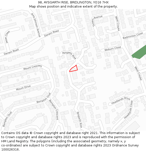 98, AYSGARTH RISE, BRIDLINGTON, YO16 7HX: Location map and indicative extent of plot