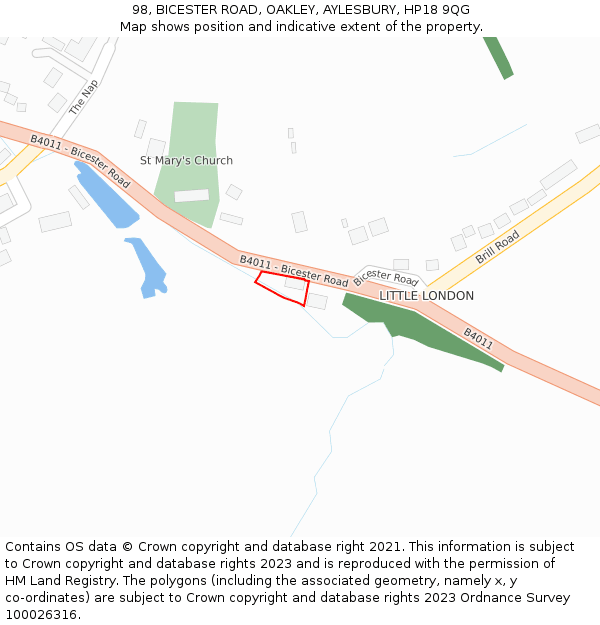 98, BICESTER ROAD, OAKLEY, AYLESBURY, HP18 9QG: Location map and indicative extent of plot