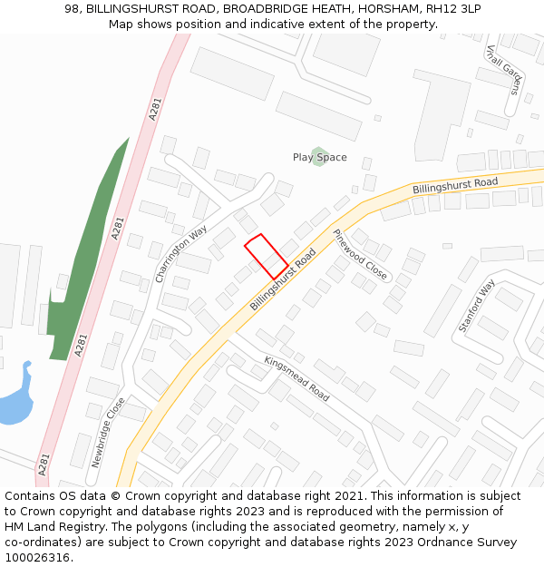 98, BILLINGSHURST ROAD, BROADBRIDGE HEATH, HORSHAM, RH12 3LP: Location map and indicative extent of plot