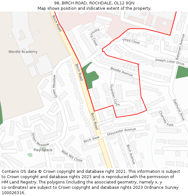 98, BIRCH ROAD, ROCHDALE, OL12 9QN: Location map and indicative extent of plot