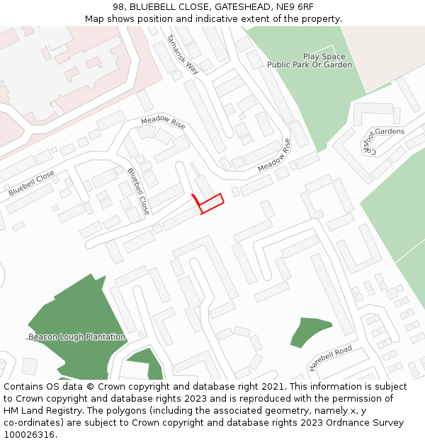 98, BLUEBELL CLOSE, GATESHEAD, NE9 6RF: Location map and indicative extent of plot