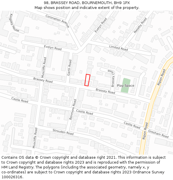 98, BRASSEY ROAD, BOURNEMOUTH, BH9 1PX: Location map and indicative extent of plot