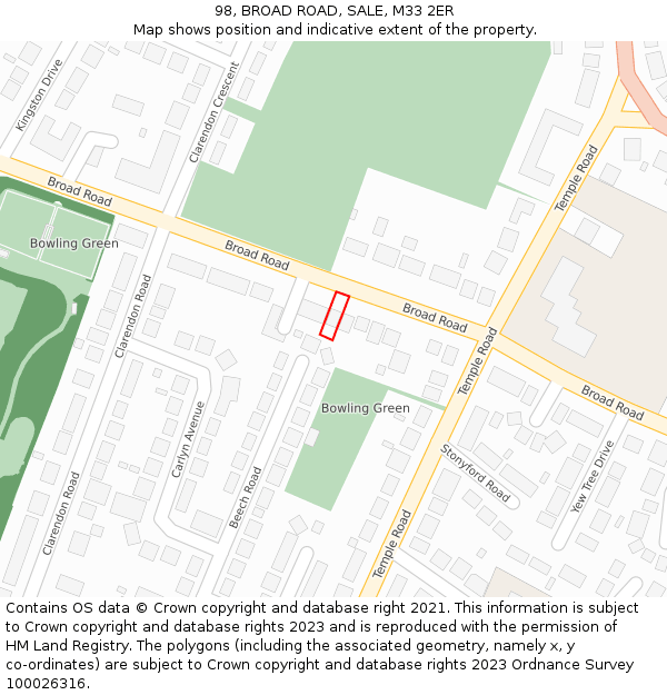 98, BROAD ROAD, SALE, M33 2ER: Location map and indicative extent of plot