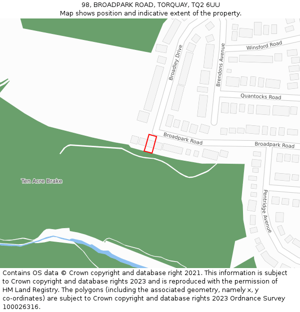 98, BROADPARK ROAD, TORQUAY, TQ2 6UU: Location map and indicative extent of plot