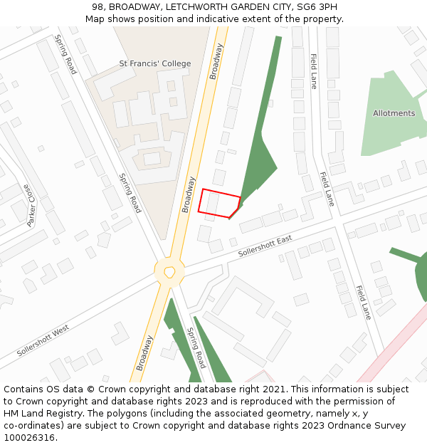 98, BROADWAY, LETCHWORTH GARDEN CITY, SG6 3PH: Location map and indicative extent of plot