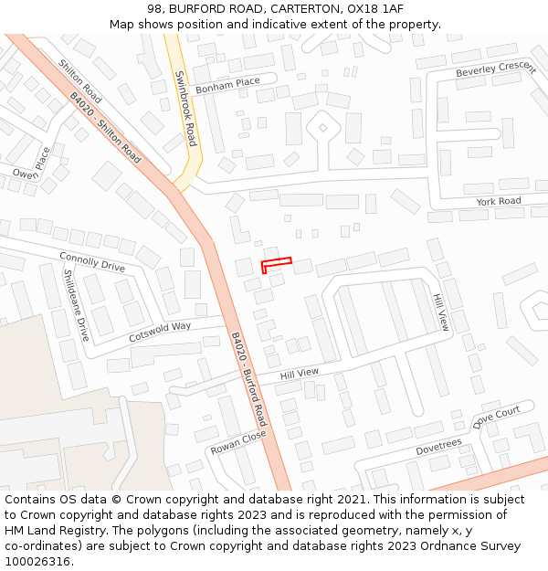 98, BURFORD ROAD, CARTERTON, OX18 1AF: Location map and indicative extent of plot