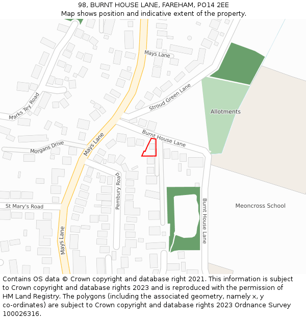 98, BURNT HOUSE LANE, FAREHAM, PO14 2EE: Location map and indicative extent of plot