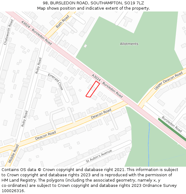 98, BURSLEDON ROAD, SOUTHAMPTON, SO19 7LZ: Location map and indicative extent of plot