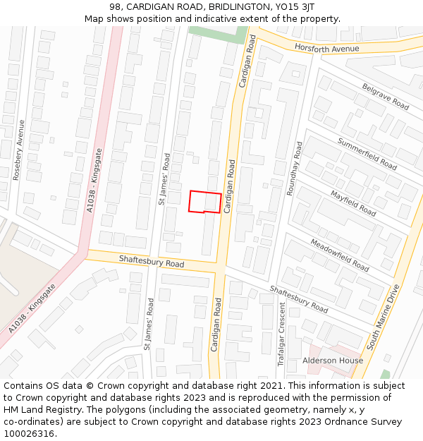 98, CARDIGAN ROAD, BRIDLINGTON, YO15 3JT: Location map and indicative extent of plot