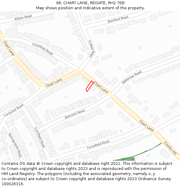 98, CHART LANE, REIGATE, RH2 7EB: Location map and indicative extent of plot