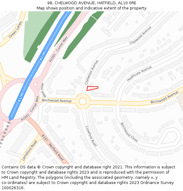 98, CHELWOOD AVENUE, HATFIELD, AL10 0RE: Location map and indicative extent of plot