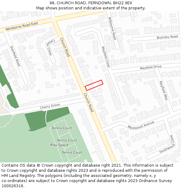 98, CHURCH ROAD, FERNDOWN, BH22 9EX: Location map and indicative extent of plot