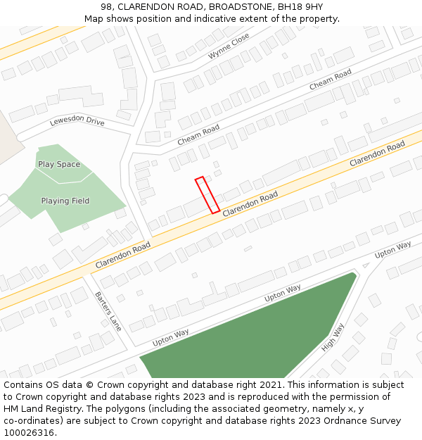98, CLARENDON ROAD, BROADSTONE, BH18 9HY: Location map and indicative extent of plot