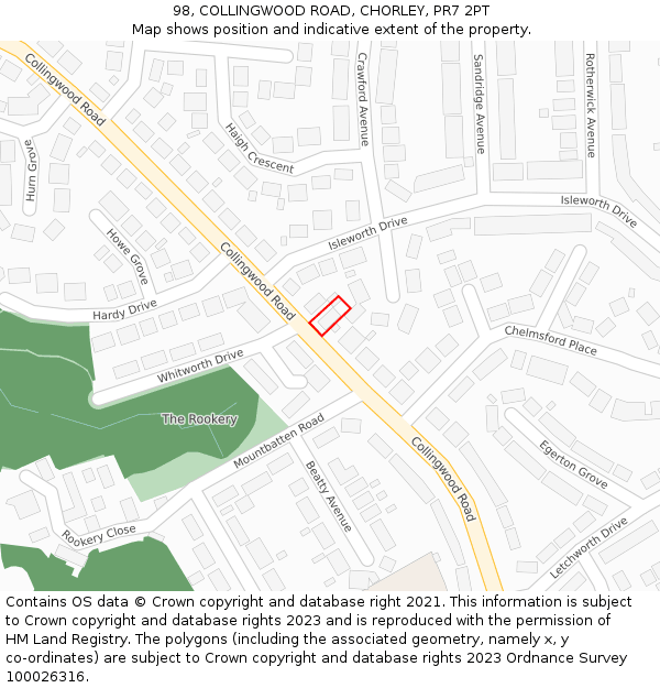 98, COLLINGWOOD ROAD, CHORLEY, PR7 2PT: Location map and indicative extent of plot