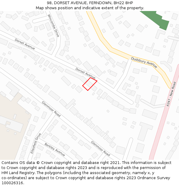98, DORSET AVENUE, FERNDOWN, BH22 8HP: Location map and indicative extent of plot