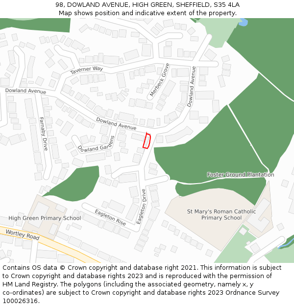 98, DOWLAND AVENUE, HIGH GREEN, SHEFFIELD, S35 4LA: Location map and indicative extent of plot