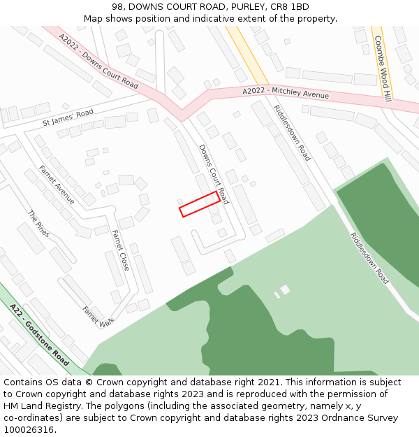 98, DOWNS COURT ROAD, PURLEY, CR8 1BD: Location map and indicative extent of plot
