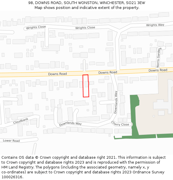 98, DOWNS ROAD, SOUTH WONSTON, WINCHESTER, SO21 3EW: Location map and indicative extent of plot