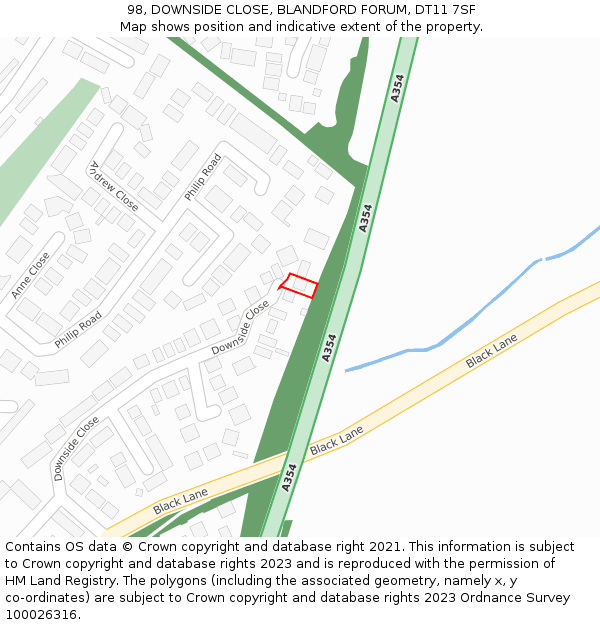 98, DOWNSIDE CLOSE, BLANDFORD FORUM, DT11 7SF: Location map and indicative extent of plot