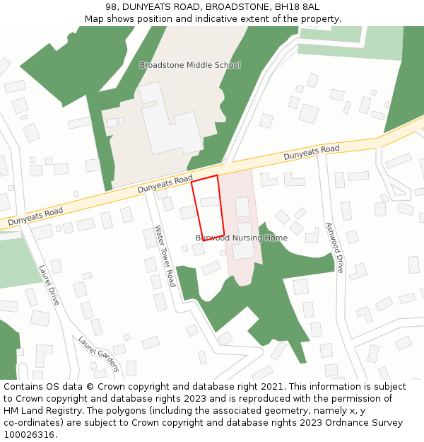 98, DUNYEATS ROAD, BROADSTONE, BH18 8AL: Location map and indicative extent of plot