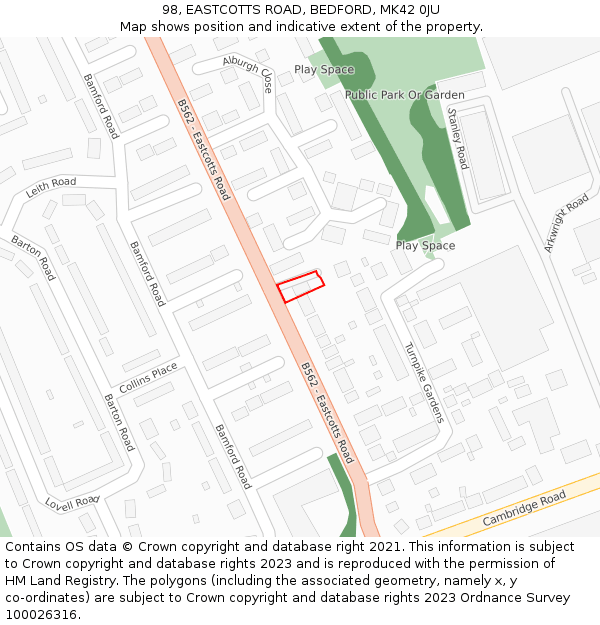 98, EASTCOTTS ROAD, BEDFORD, MK42 0JU: Location map and indicative extent of plot