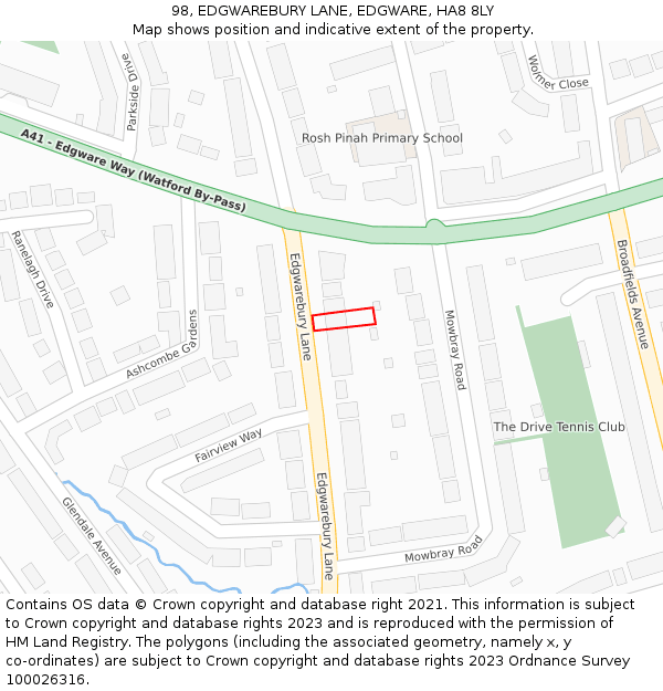 98, EDGWAREBURY LANE, EDGWARE, HA8 8LY: Location map and indicative extent of plot