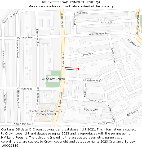 98, EXETER ROAD, EXMOUTH, EX8 1QA: Location map and indicative extent of plot