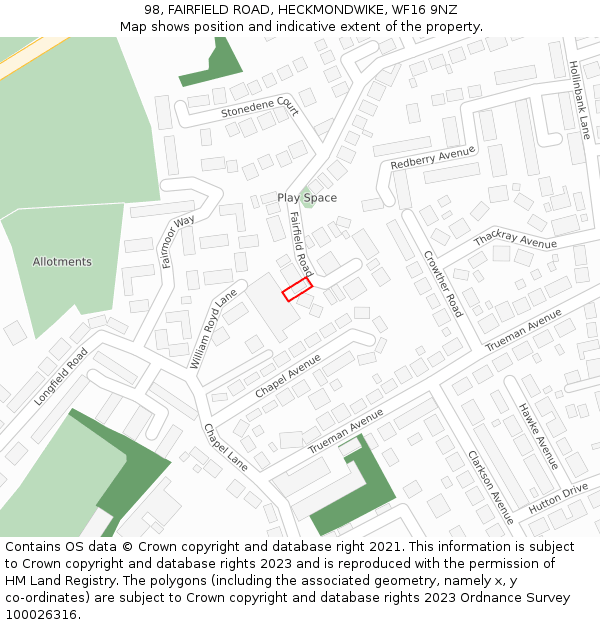 98, FAIRFIELD ROAD, HECKMONDWIKE, WF16 9NZ: Location map and indicative extent of plot