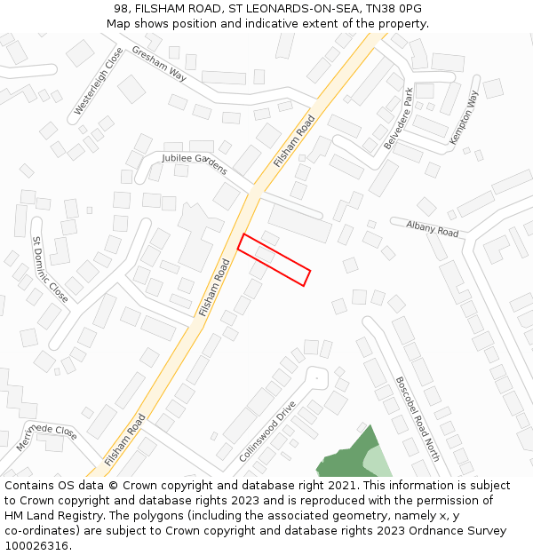 98, FILSHAM ROAD, ST LEONARDS-ON-SEA, TN38 0PG: Location map and indicative extent of plot