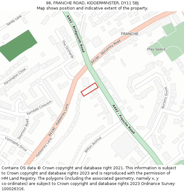 98, FRANCHE ROAD, KIDDERMINSTER, DY11 5BJ: Location map and indicative extent of plot