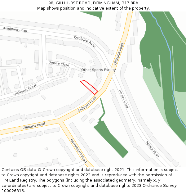 98, GILLHURST ROAD, BIRMINGHAM, B17 8PA: Location map and indicative extent of plot