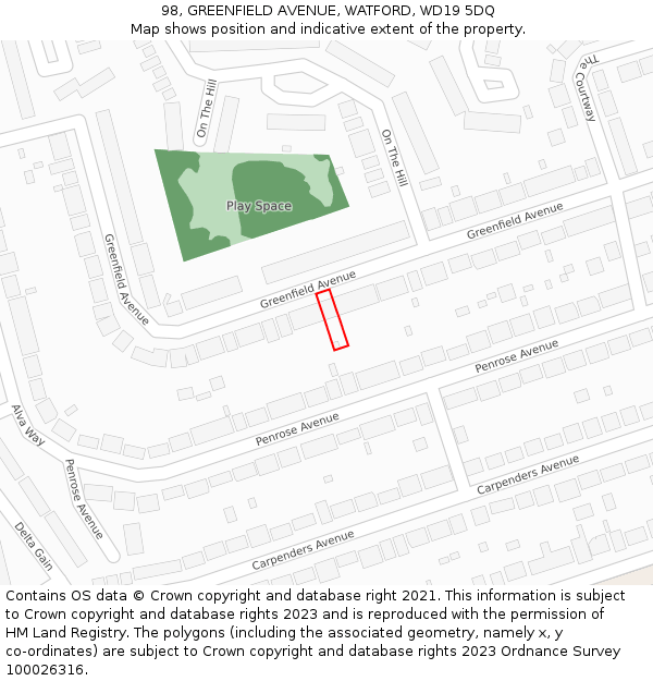 98, GREENFIELD AVENUE, WATFORD, WD19 5DQ: Location map and indicative extent of plot