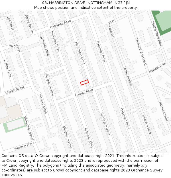 98, HARRINGTON DRIVE, NOTTINGHAM, NG7 1JN: Location map and indicative extent of plot