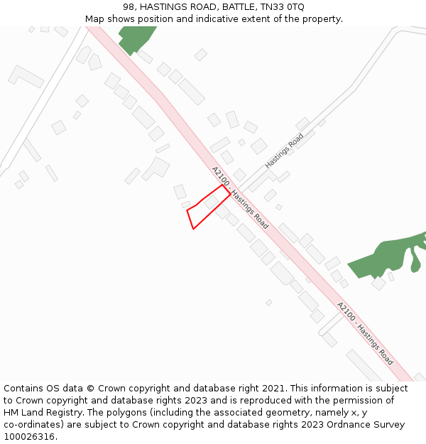 98, HASTINGS ROAD, BATTLE, TN33 0TQ: Location map and indicative extent of plot