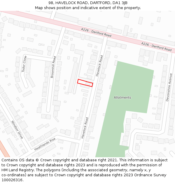 98, HAVELOCK ROAD, DARTFORD, DA1 3JB: Location map and indicative extent of plot